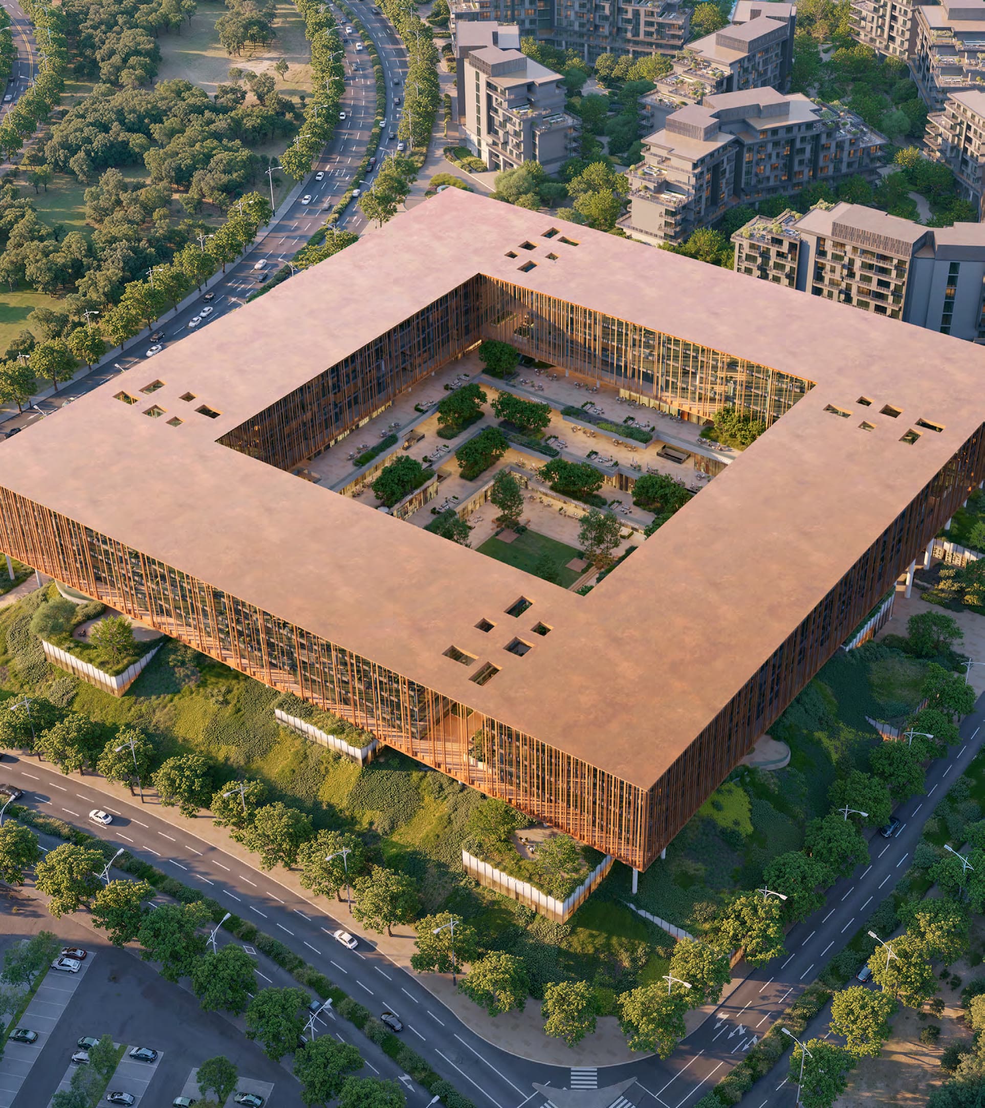 Aerial of the four blocks around the courtyard