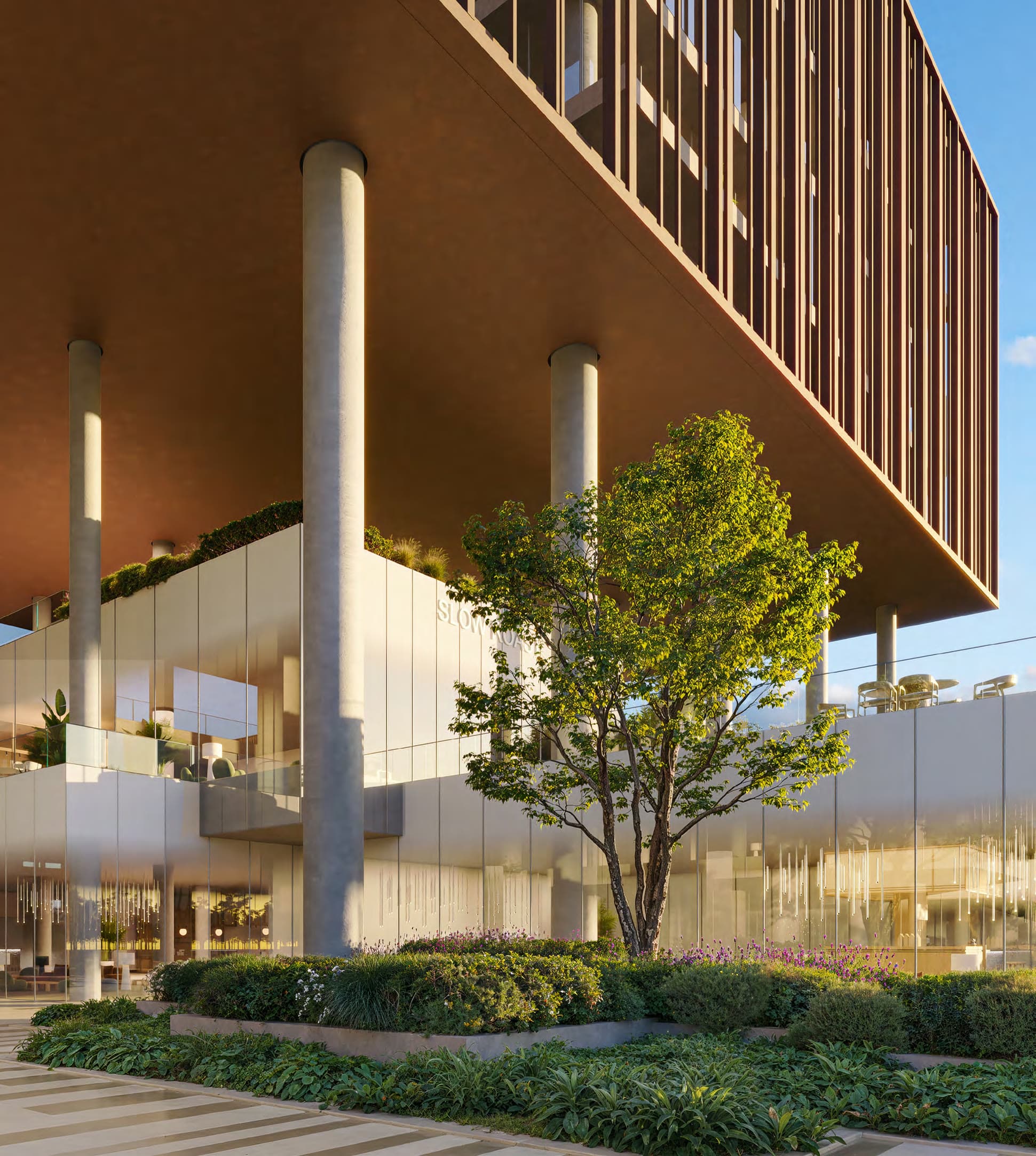 Ground-floor lobby beneath the louvered facade